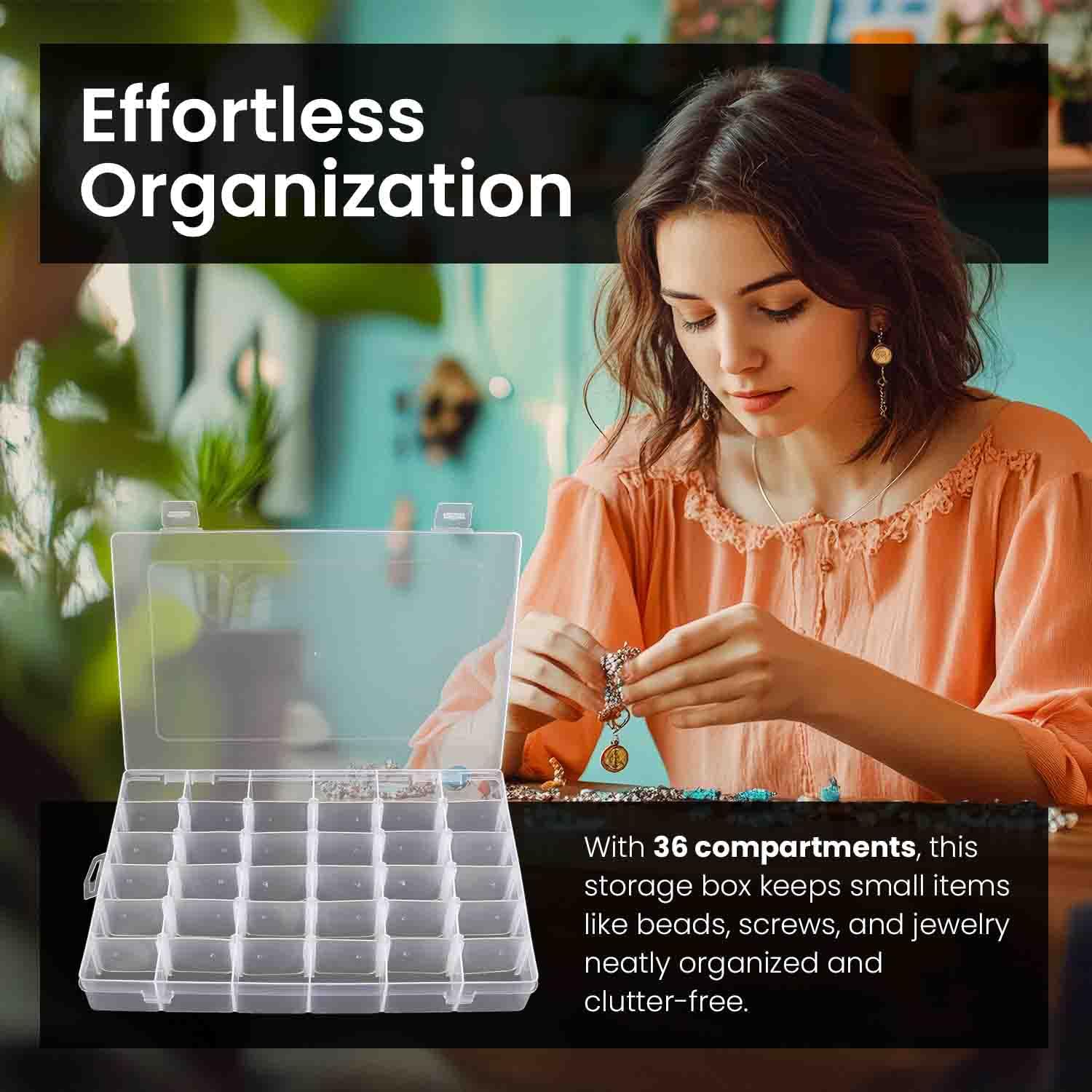 Confezione da 4 scatole organizer in plastica trasparente a 36 griglie con separatori regolabili per artigianato, gioielli, attrezzatura da pesca, archiviazione di pezzi con 4 fogli di etichette