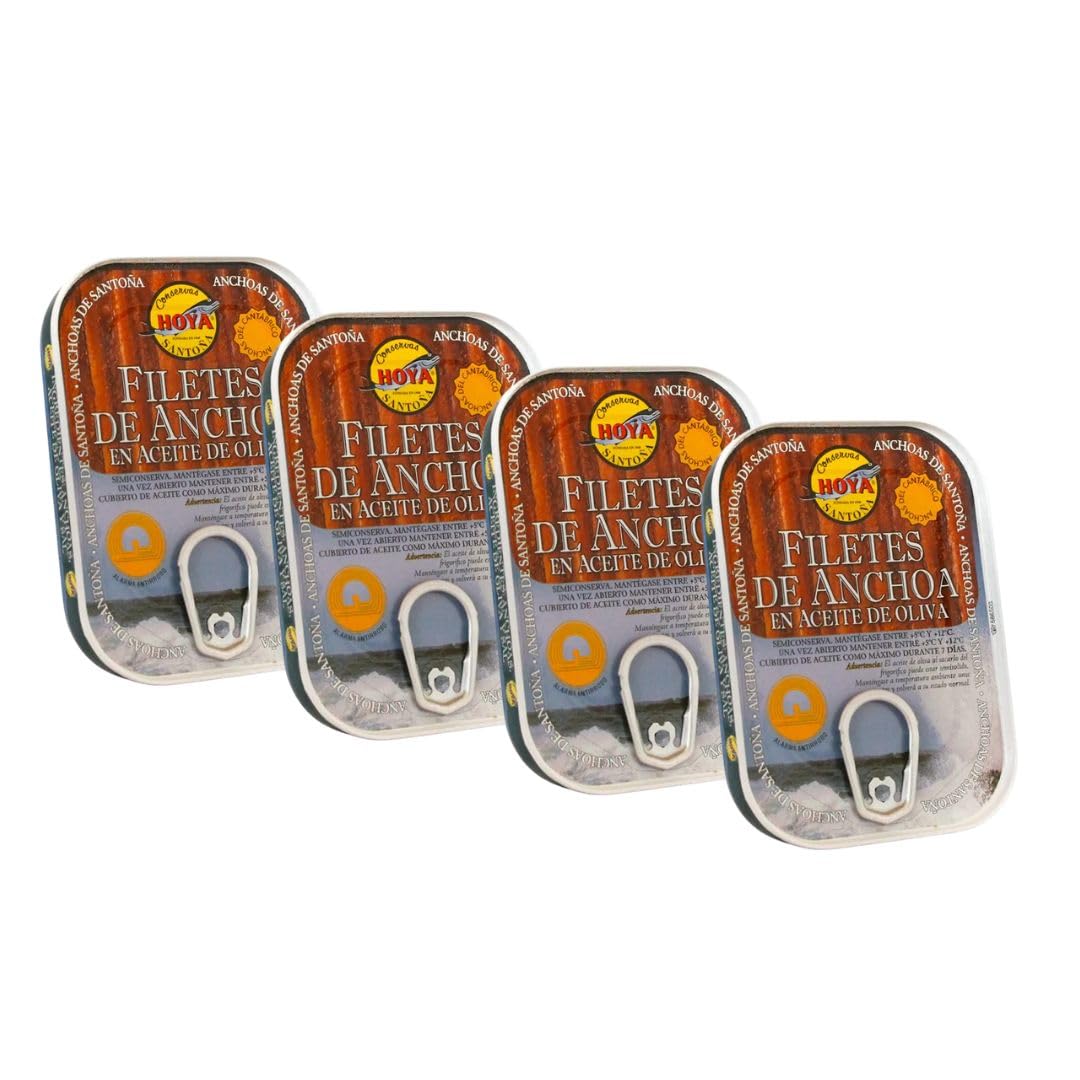 Hoya Santoña Anchoas del Cantábrico - Pack 4 latas de 74g/Aprox.14 filetes (296g/Aprox.56 filetes). Elaboración Artesana con bocartes del Cantábrico en Aceite de Oliva.
