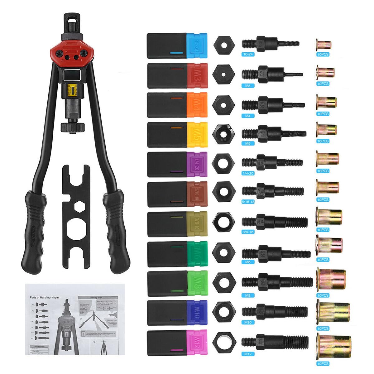 Hand Riveter Parts Rivet Nut Tool Mandrels Kit - M3 M4 M5 M6 M8 M10 ...