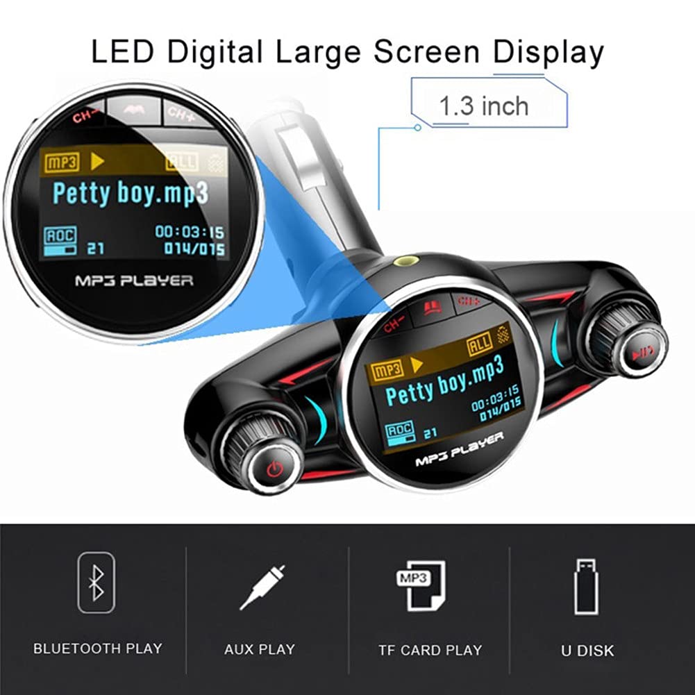 iSpchen Lecteur Mp3 Bluetooth De Voiture Transmetteur FM Récepteur Audio Bluetooth Aux sans Fil Adaptateur d'Autoradio à Rotation à 180 Degrés avec Chargeur De Voiture USB