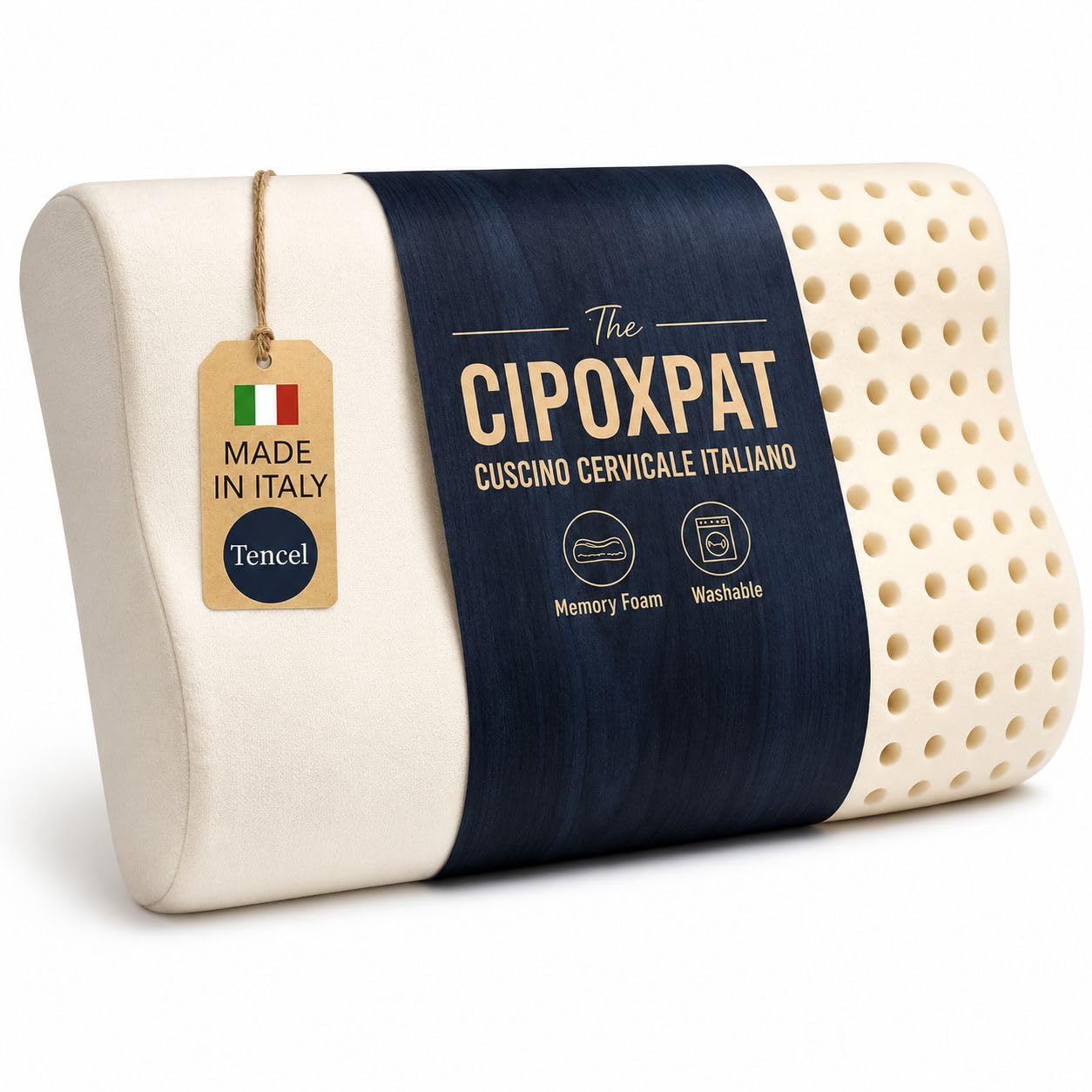 CIPOXPAT Almohada cervical de espuma viscoelástica ortopédica, fabricada en Italia, almohada ergonómica de doble onda para cuello y hombros, funda de Tencel transpirable, antironquidos, hipoalergénica