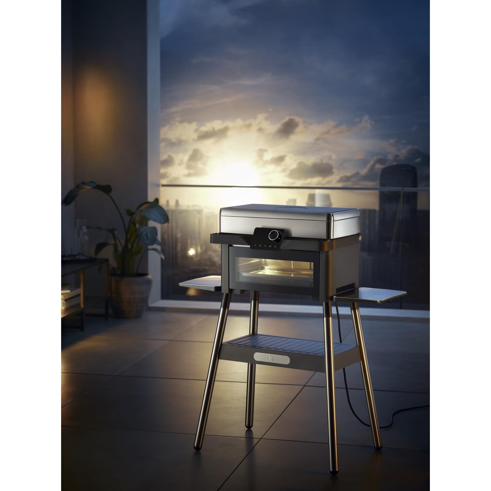 WMF Barbecue électrique Profi Plus Urban Master pour cuisine d'extérieur – Barbecue sur pied jusqu'à 340 °C, barbecue 2-en-1 sans gaz pour balcon avec four jusqu'à 200 °C