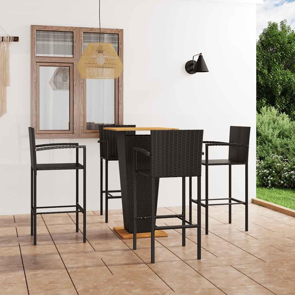 Juego de 5 barras de jardín negro con mesa y sillas de ratán sintético y madera de acacia para balcón, terraza o jardín, muebles de exterior, resistente a la intemperie, grupo de salón, grupo