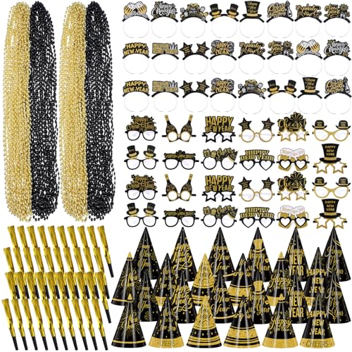Gemscream 480 piezas de suministros de fiesta de Año Nuevo incluyen 96 diademas de Año Nuevo, 96 gafas de Año Nuevo, 96 sombreros de Año Nuevo, 96 fabricantes de ruido, 96 collares de cuentas para Año
