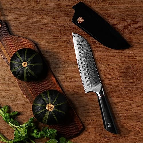 Kimrose Damascus Santoku Knife - 7 Inch - 67 Layers 10Cr15Comov Alloy Steel - Black G10 Handle - Razor Sharp Kitchen Knife - Japanese Chopping Knife - Wooden Magnetic Sheath - Luxury Gift Box #TOP5