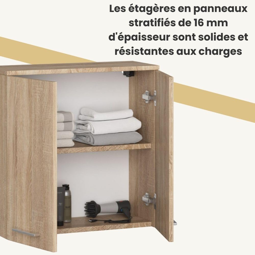 AKORD Meuble Haut WC Suspendu | Fin L60 | 2 Portes | Etagere Murale | Commode Salle de Bain | Armoire | Rangement | Toilette Mural | Placard Cuisine | L60 x H60 x P22,5 cm | 18 kg | Chêne de Sonoma
