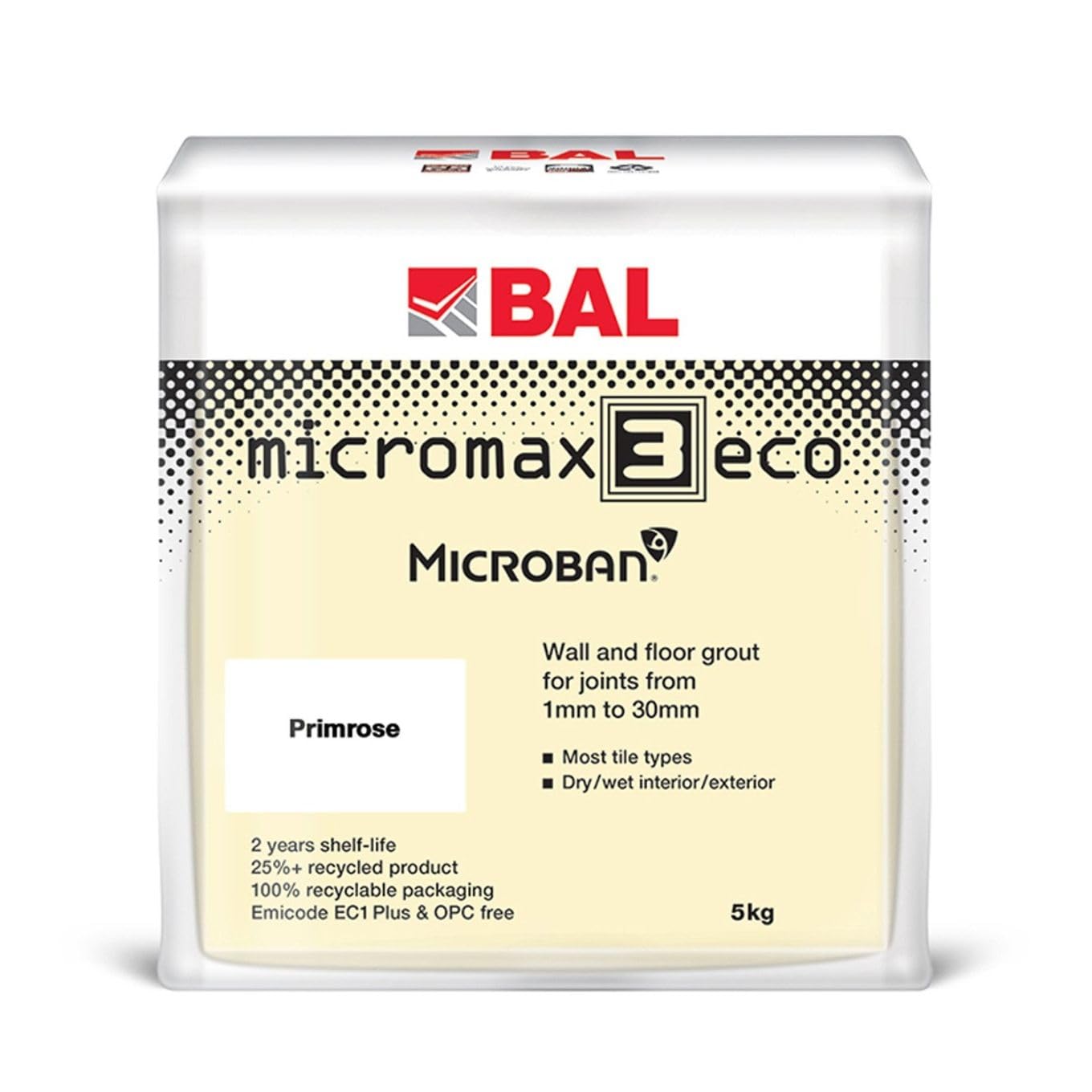 Bal Micromax3 Eco Grout Wall & Floor Grout, Rapid Set, Antimicrobial, Suitable For Interior & Exterior 5KG Bag - Primrose — image 1