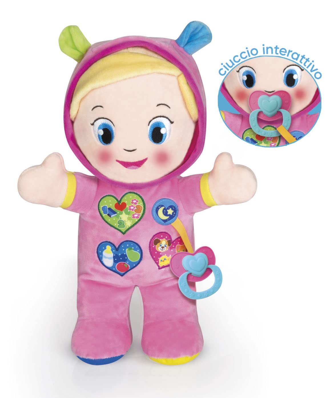 Clementoni Baby Alice, la Mia Prima Bambola, Peluche Bambini 10+ Mesi, Centro Attività con Ciuccio e 3 Tasti per Imparare Forme, Numeri, Colori, Parole e Versi degli Animali, Lingua Italiana, 17201