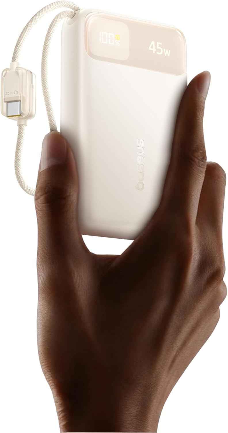 Baseus 20000mAh Compact Portable Charger 45W, CCC Certified Power Bank Built-in USB-C Cables, Travel Essential PD Fast Charging Battery Pack for iPhone 17/16 Series Galaxy S25/S24 Ultra Google iPad