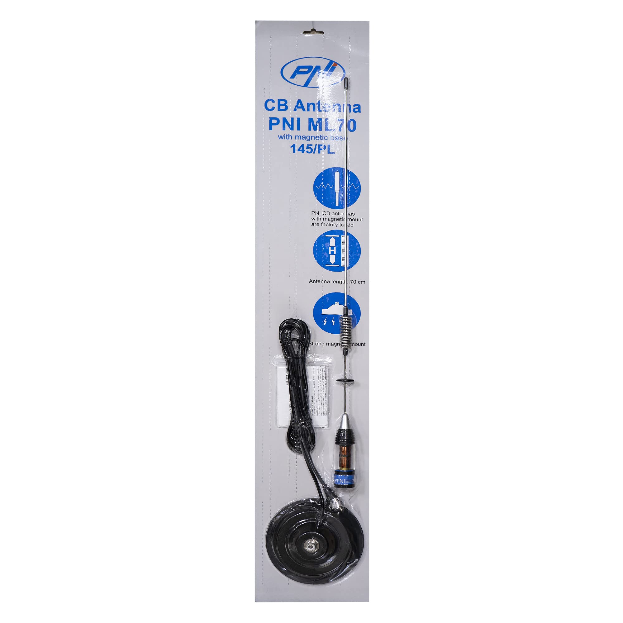 Antenne CB PNI ML70 PL connecteur, Base magnétique de 145 mm Incluse, 70 cm, câble RG58 de 4 m Inclus