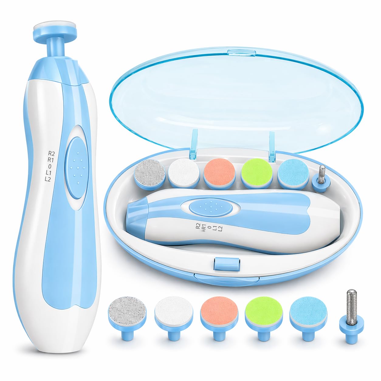 Electric Nail Trimmer for Baby & Adults | 360° Rotation | 4 Speed Modes (R2, R1, L1, L2) | Safe & Gentle Nail File Kit with 6 Grinding Heads & Storage Case | Battery Operated (BLUE)-image-9