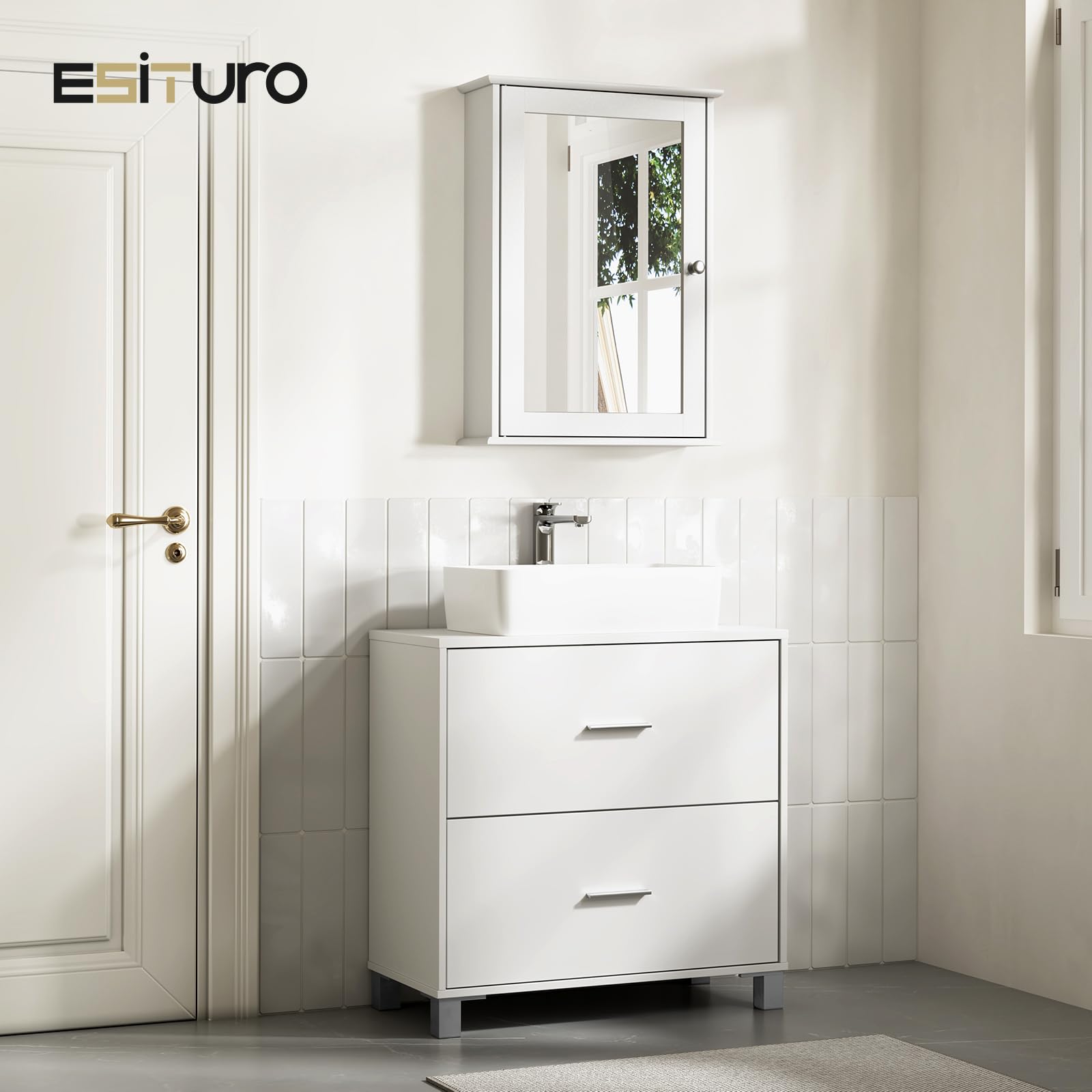 eSituro Armoire de Toilette, avec Porte Miroir, Étagère Réglable, Blanc, L x H x P 42 x 58,5 x 12 cm