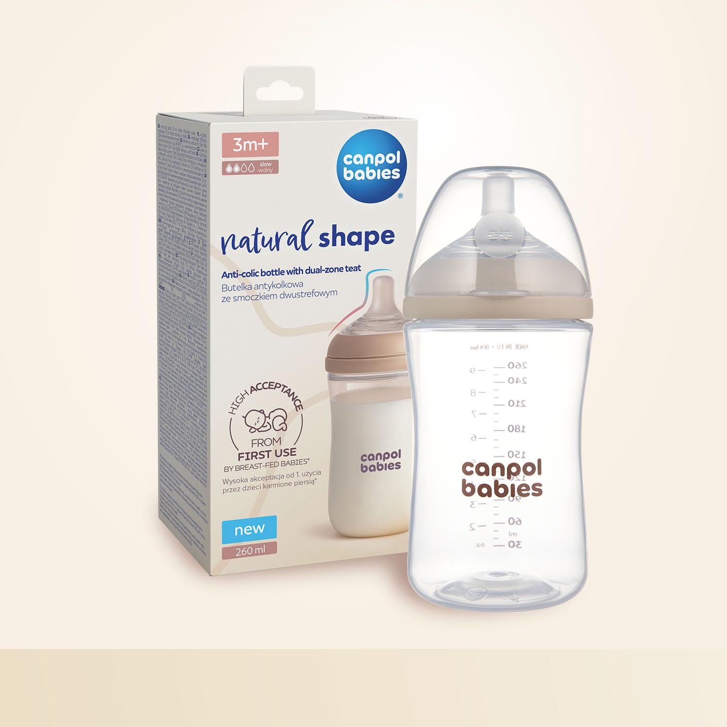 Canpol babies Butelka Natural Shape ze smoczkiem dwustrefowym, Niekapiący smoczek, Czytelna skala (150 ml mini)