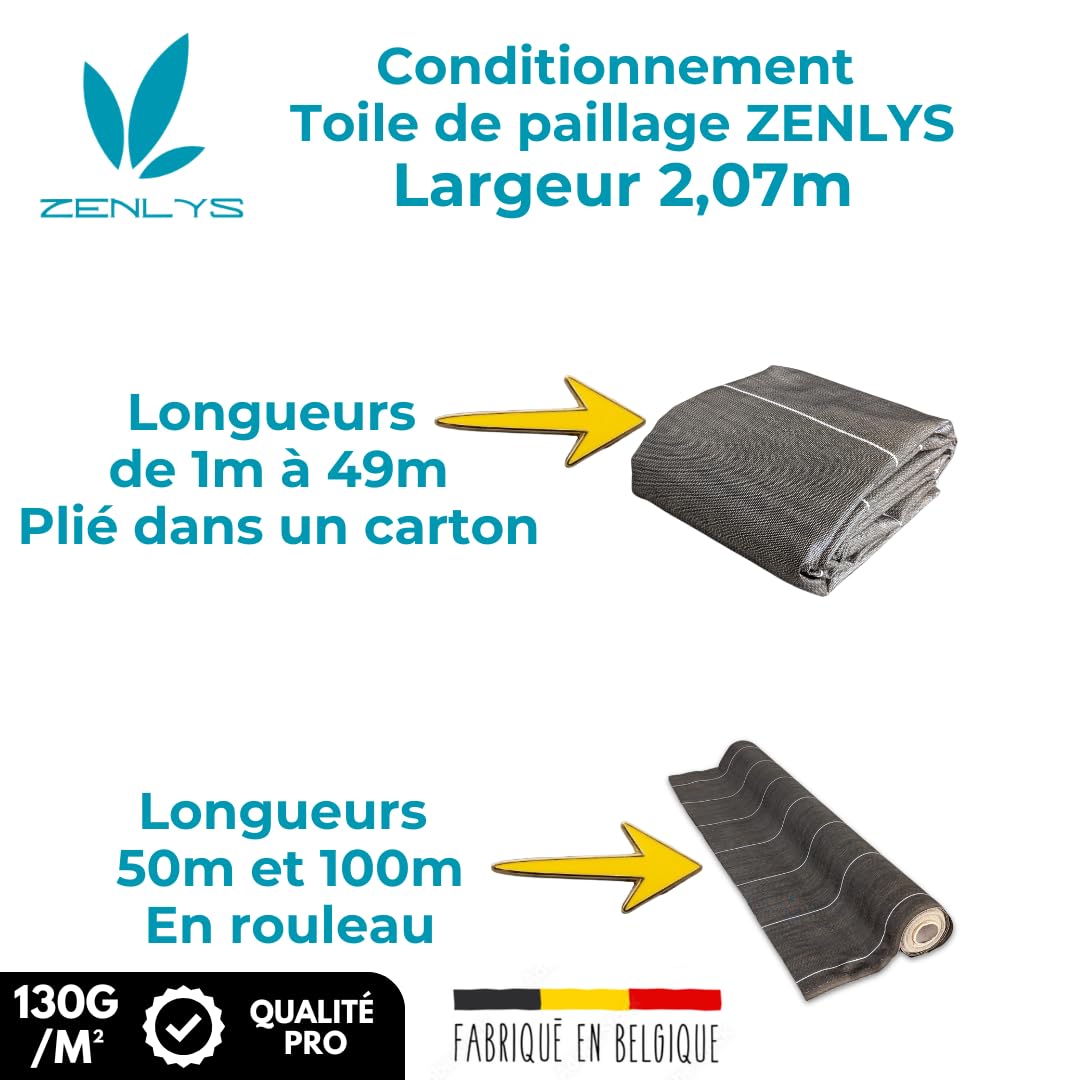 Toile de paillage Marron - 130gr m2 - tissée - Anti Mauvaises Herbes - Largeur 2M07 - Longueur 50m - Rouleau - Bache Geotextile 2M - Qualité Pro ZENLYS