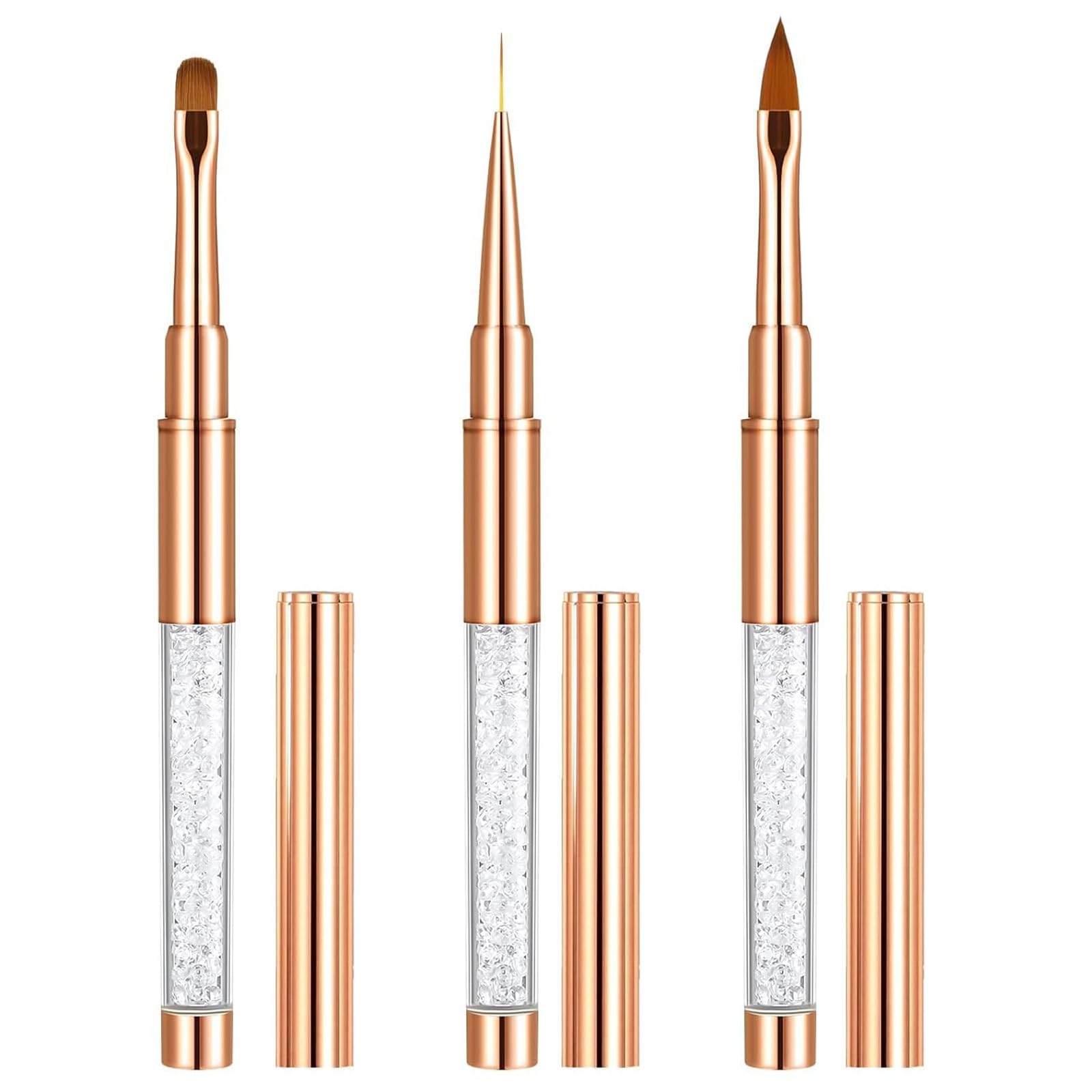 Pennelli Unghie,3 Pezzi Pennelli per Unghie,con Pennello Sottile, Accessori per Unghies con Manico Diamantato, per Smalto in Gel, Manicure da Salone, Fai da Te