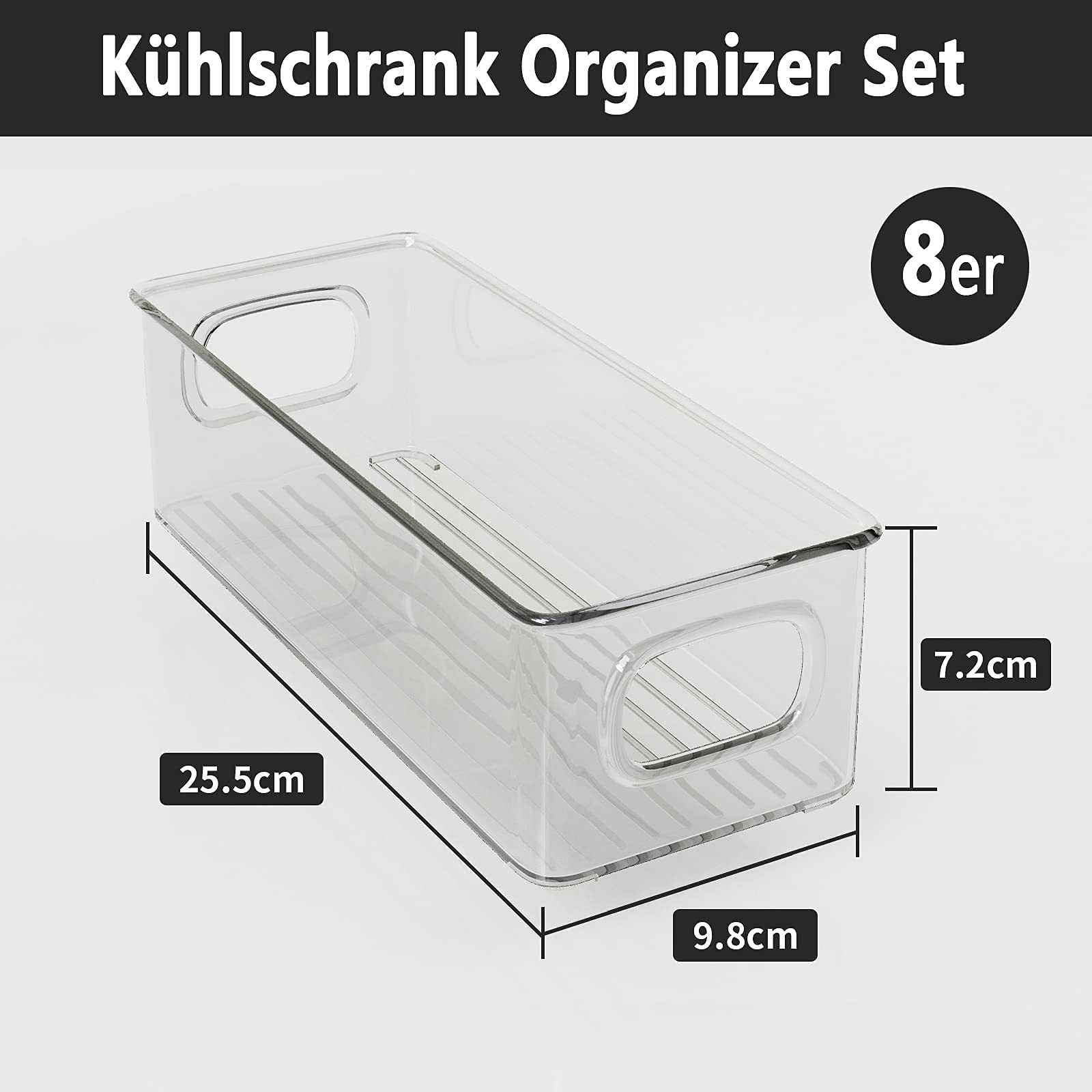 FINEW Kühlschrank Organizer 8er Set, Stapelbare Aufbewahrungsbox, Klein Kühlschrank Boxen mit Griff, durchsichtig Behälter für Küchen, Schränke, Gefrierschrank, Speisekammer - BPA Frei
