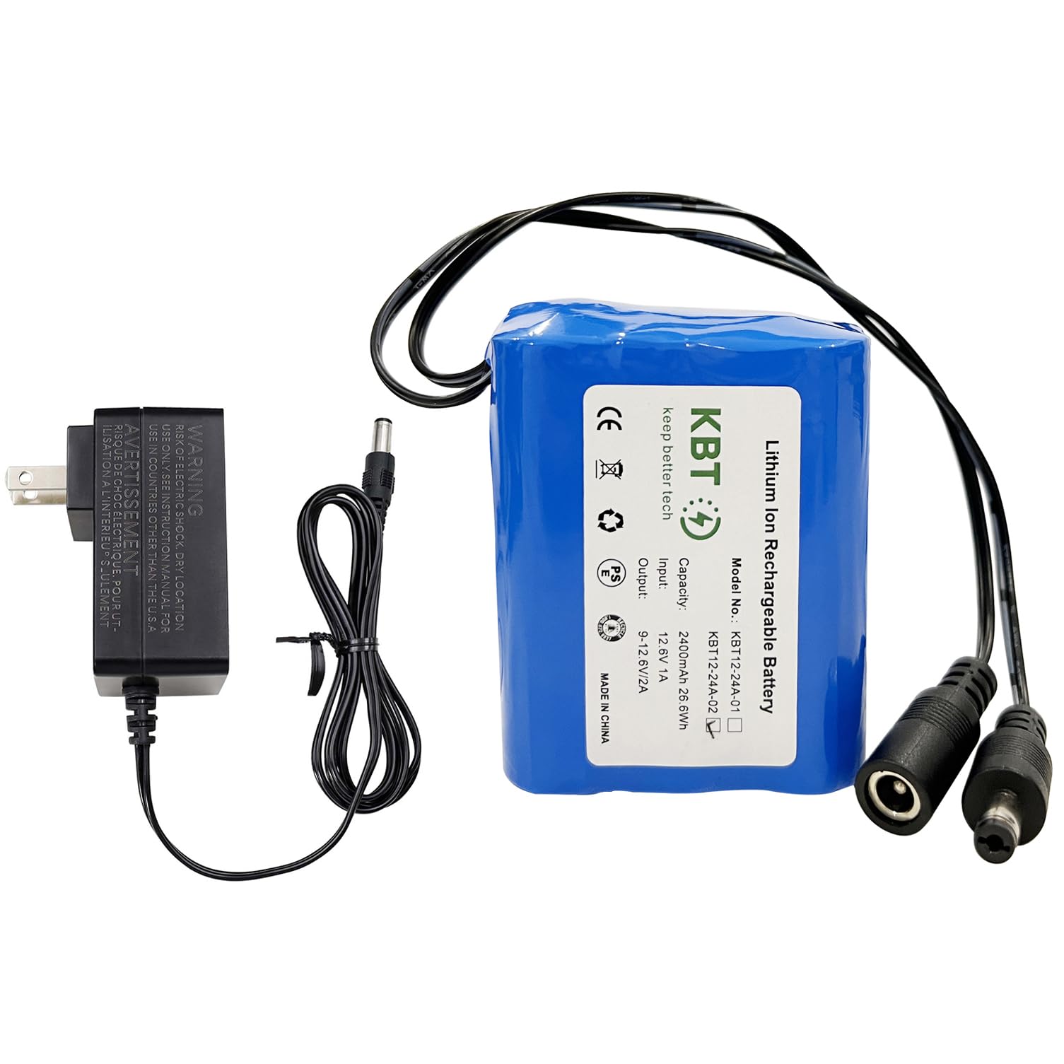 KBT 12V 2400mAh Rechargeable Li-ion Battery, DC5521 Male Connector, Replacement Battery Pack with Charger Compatible with 12V Device RC Car, Boat, Robot, DIY, LED Light Strip, CCTV Camera