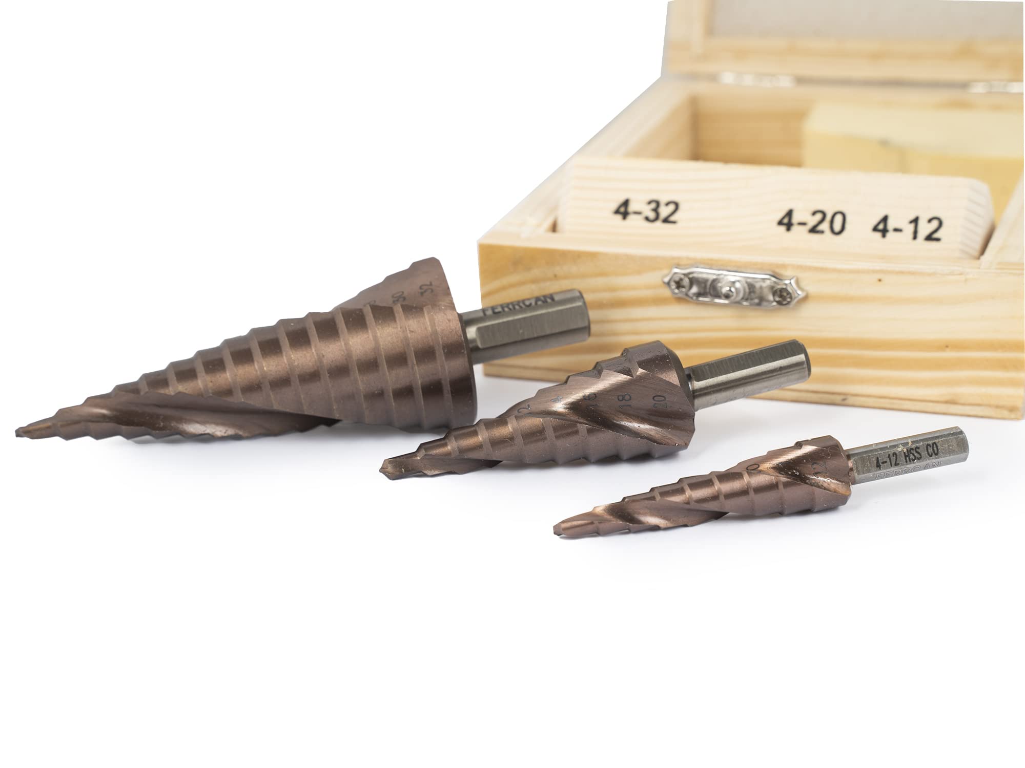 Jeu de 3 forets étagés Ferrcan cobalt HSS M35 pour acier inoxydable et métaux