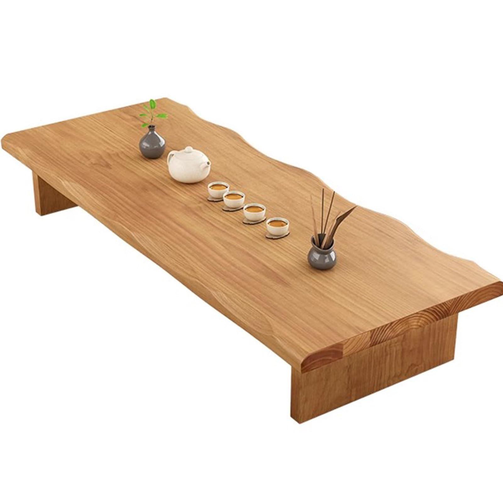 Table basse et chaises en bois massif pour aménager un salon bas ou une baie vitrée