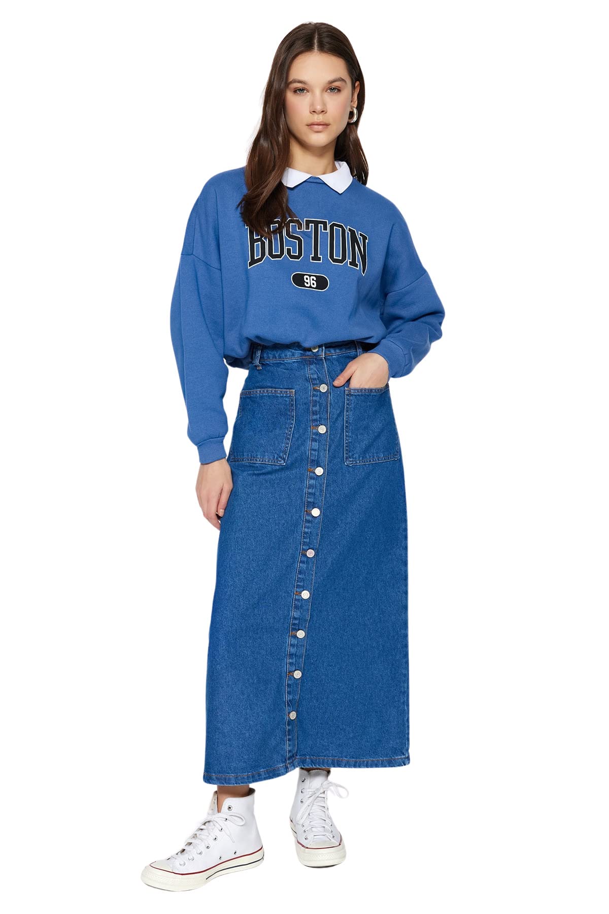 Trendyol Women's Darkblue Straight Maxi Pencil Hijab Skirt Western, 8