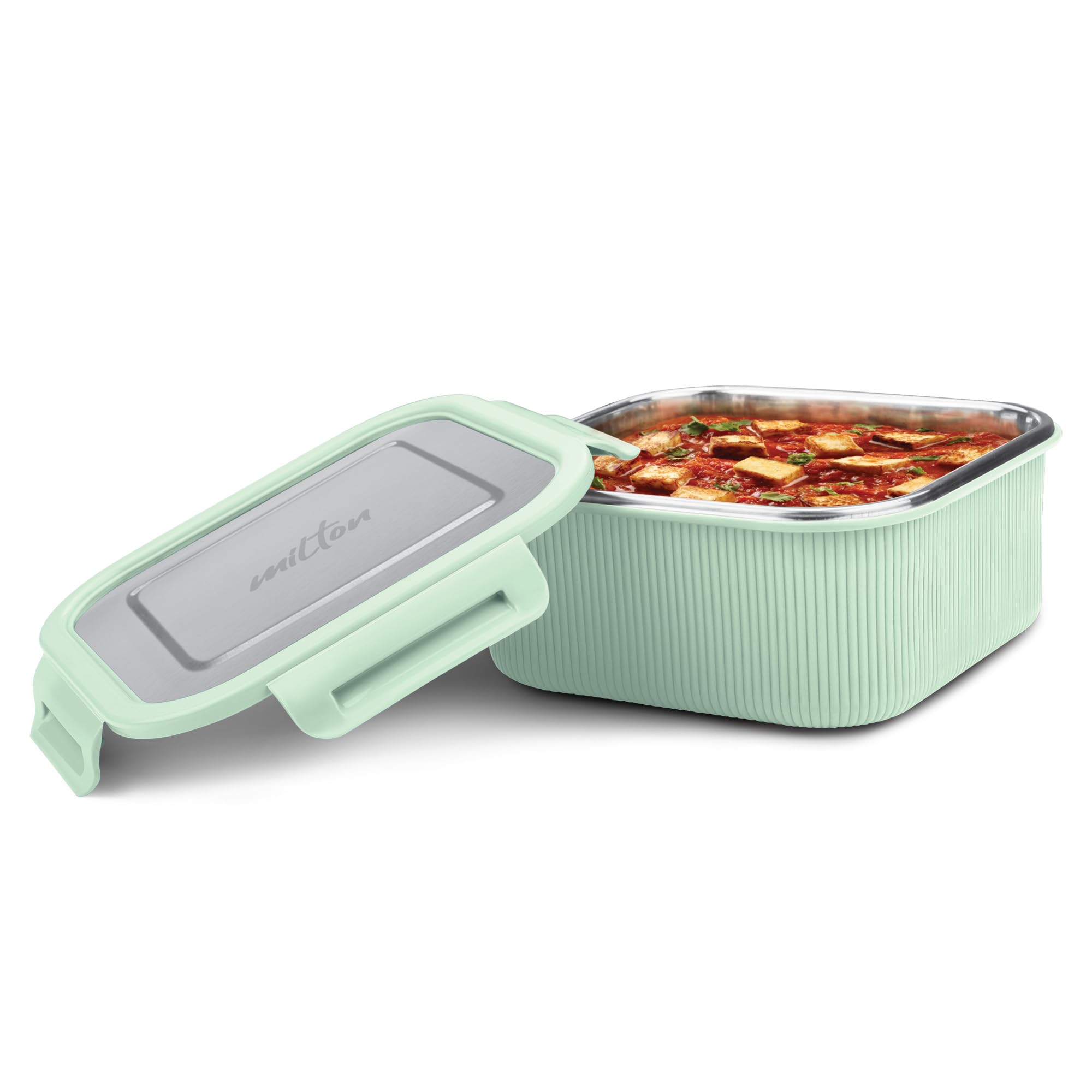 MILTON Cool Touch Square 1600 Stainless Steel Container, 1580 ml, Aqua Green | Microwave Safe | Food Grade | BPA Free | Refrigerator Safe