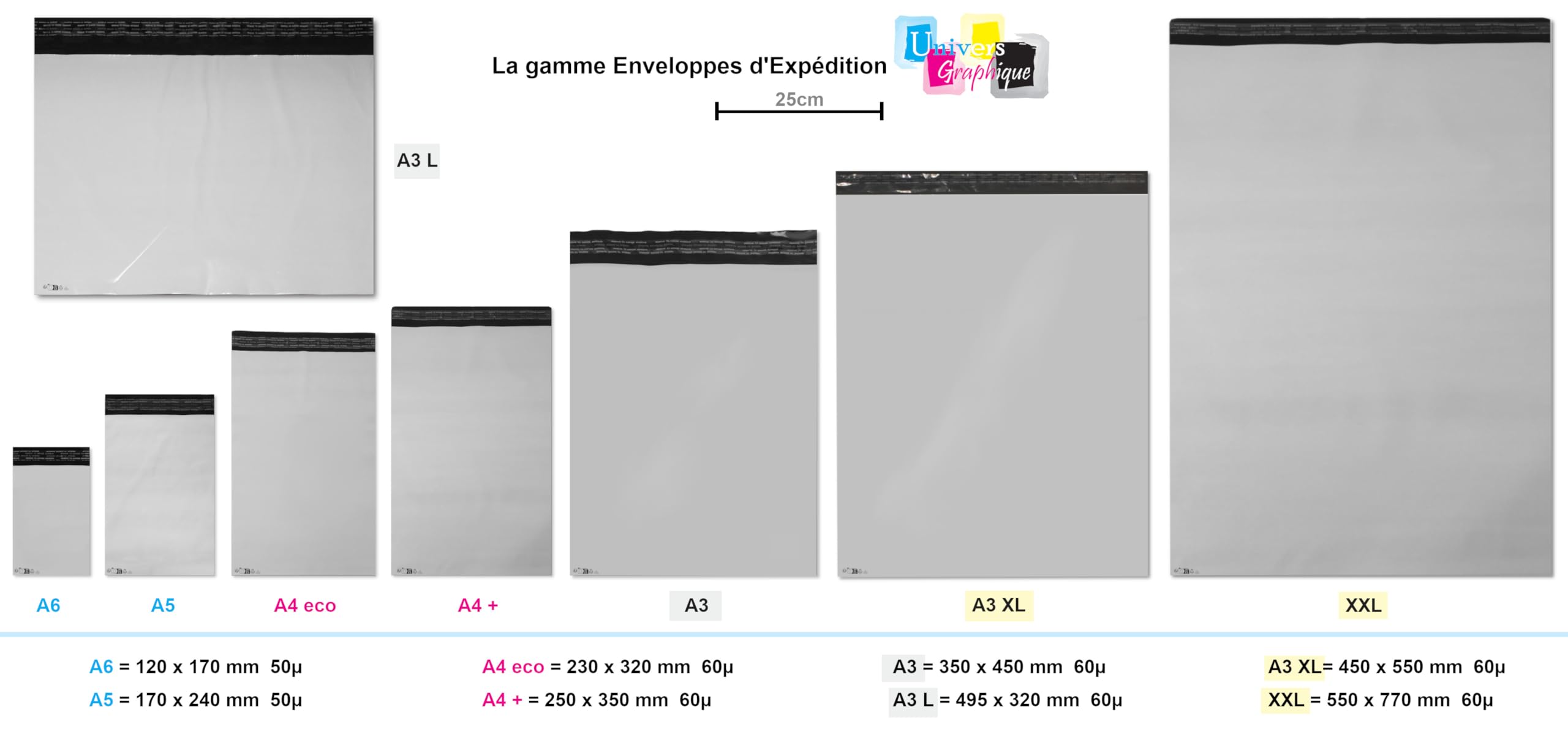 Lot de 500 Enveloppes plastique blanches opaques A3 350 x 450 mm,pochettes d'expédition 35x45 cm 60 microns. Enveloppe fine 22g, légère, solide, inviolable et imperméable.