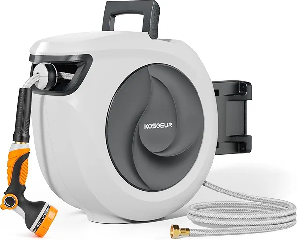KOSOEUR Retractable Garden Hose Reel, 1/2 In X 100 ft Retractable Hose Reel, Automatic Retractable Water Hose Reels for Outside with 10 Pattern Nozzle, Any Length Lock Auto-retract 180° Swivel Bracket