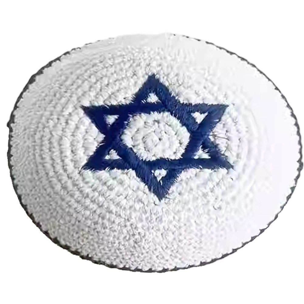 Ppmter Men's White Jewish Kippah Hat Knitted Kippah Star Of David Embroidery Classic Handmade Jewish Skullcap Prayer Hat For Adults