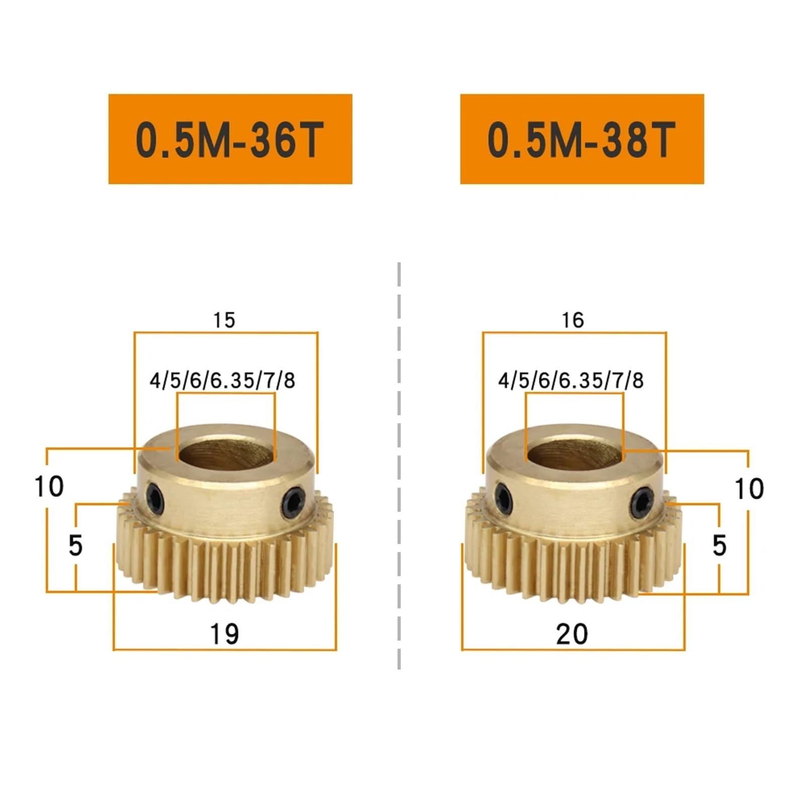 Bevel Gear Pinion Hardware Mechanical 1pcs Spur Gear 0.5M-36T Bore 4/5/6/6.35/7/8mm Copper Brass Worm Gear Teeth Height 5mm for Transmission Accessories(8mm)