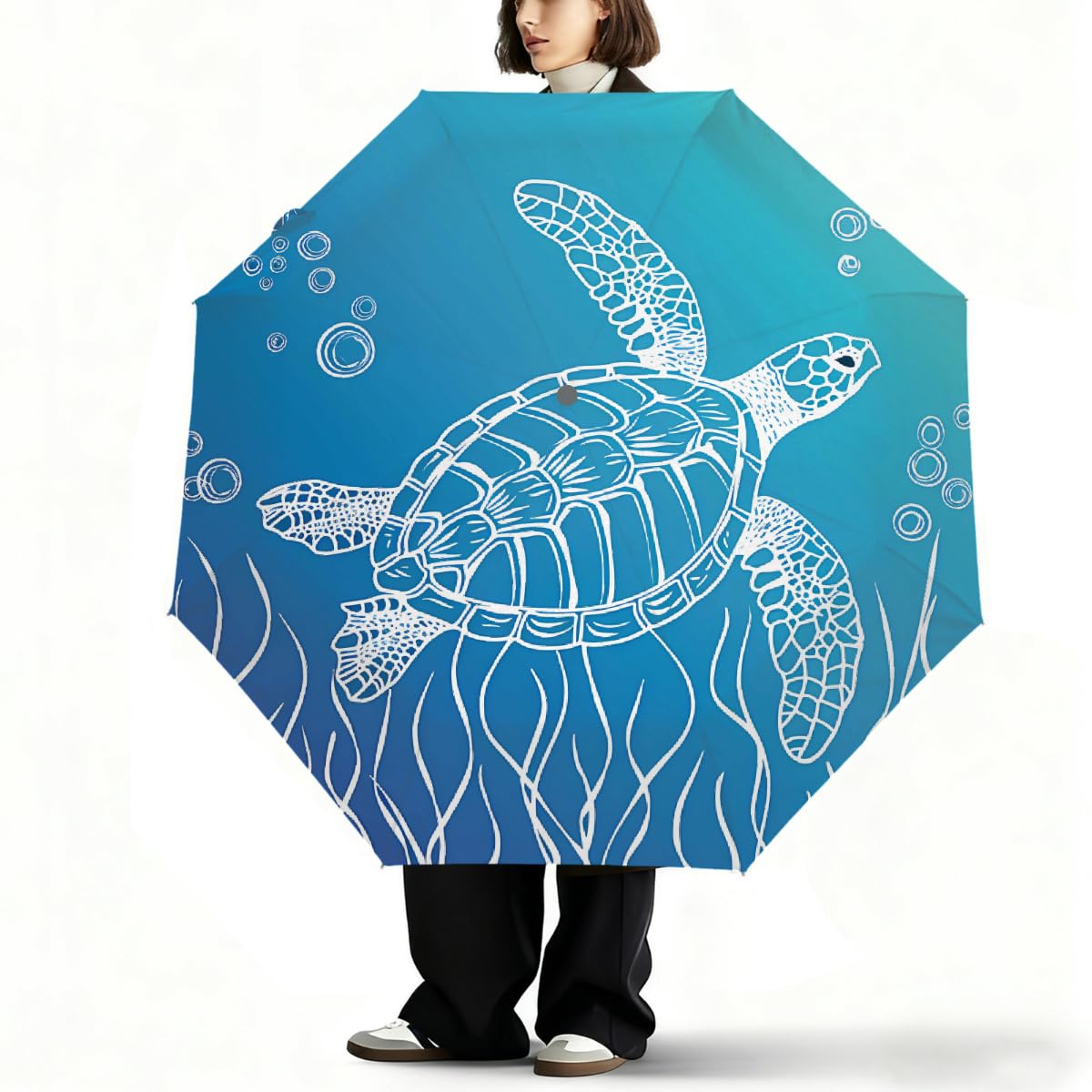Line Art - Ombrello pieghevole a forma di tartaruga marina, compatto, antivento, impermeabile, con protezione UV, rivestimento nero, leggero, 8 costine, portatile, per pioggia e sole