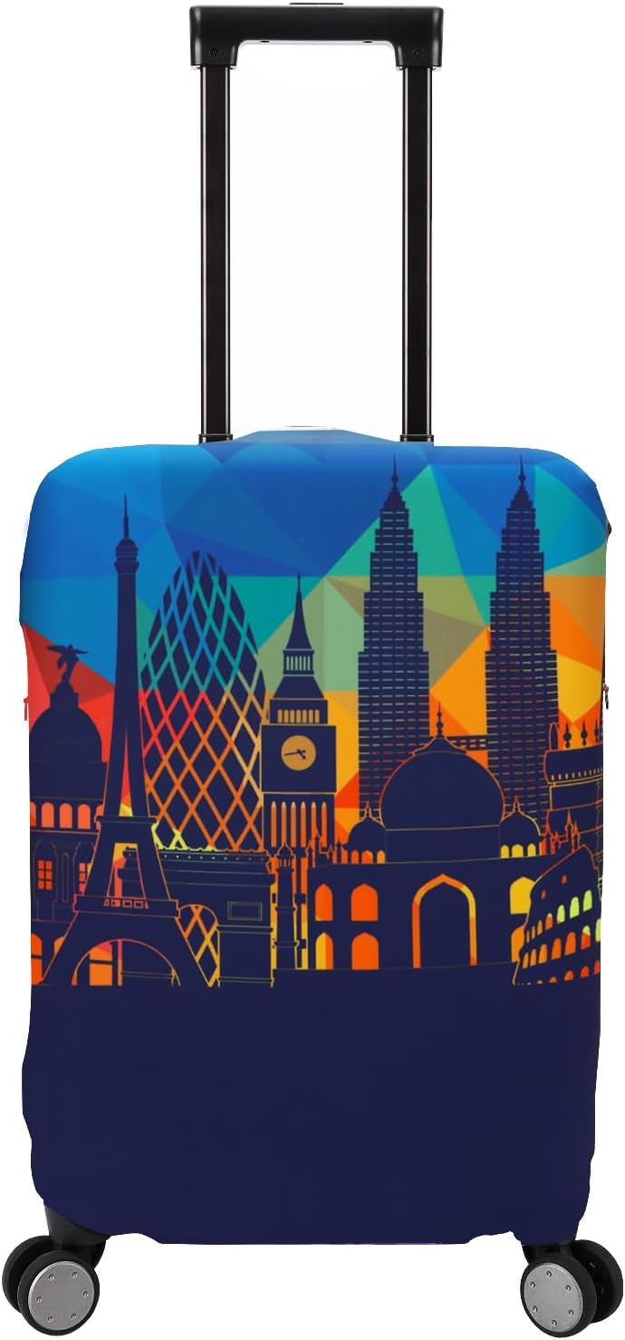 Travel Luggage Cover Washable Suitcase Protector, Blue-Landmark, S (18-22 inch luggage), Stretchy Washable Luggage Cover With Zippers