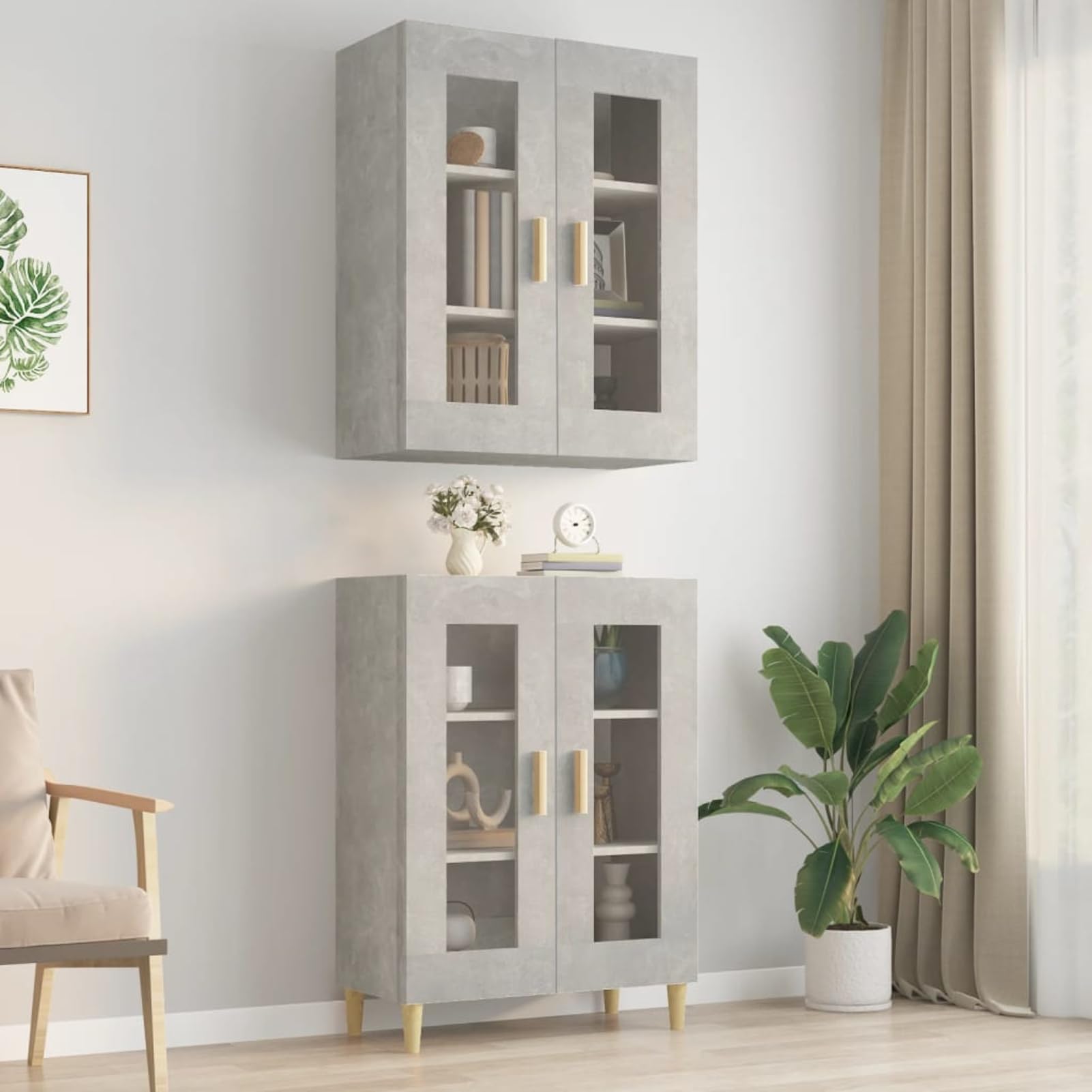 Hängeschrank 69,5x34x90 cm Betongrau – Holzwerkstoff/Glas, hohe Stabilität, Raumsparend, für Küchen- & Büroorganisation