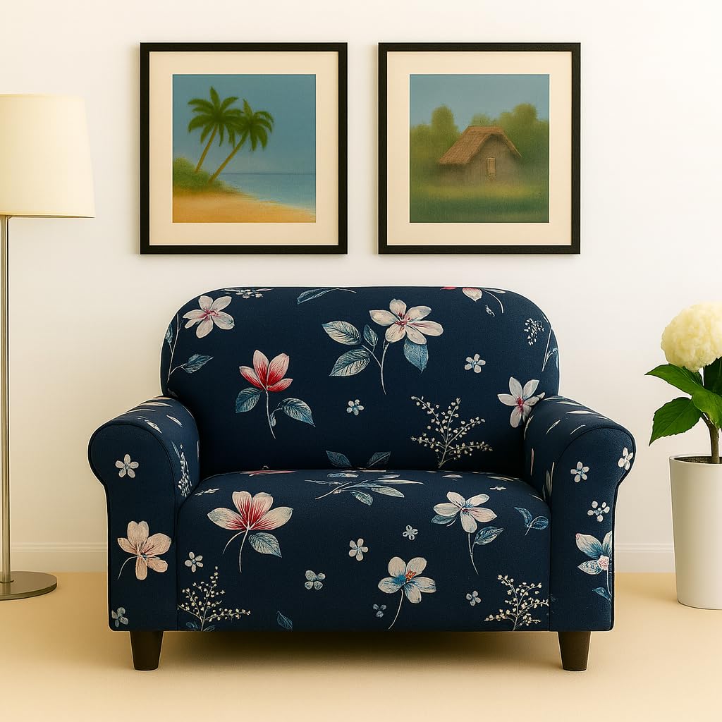 Homerz Premium 1 Seater Universal Elastic fit Sofa Cover Fully Covered, Non-Slip Sticky Elastic Stretchable Sofa Set Slipcover Protector (Blue Floral, 1 Seater)