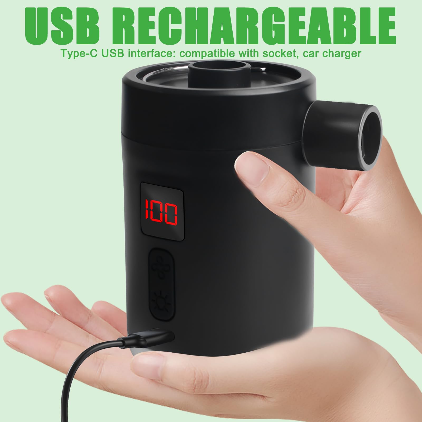 Pompa ad aria elettrica, 4000 mAh, mini pompa con 3 ugelli per materasso ad aria, per gonfiare e aspirare, 4 kPa, pompa da campeggio ricaricabile, gonfiatore rapido per barca gonfiabile, anello