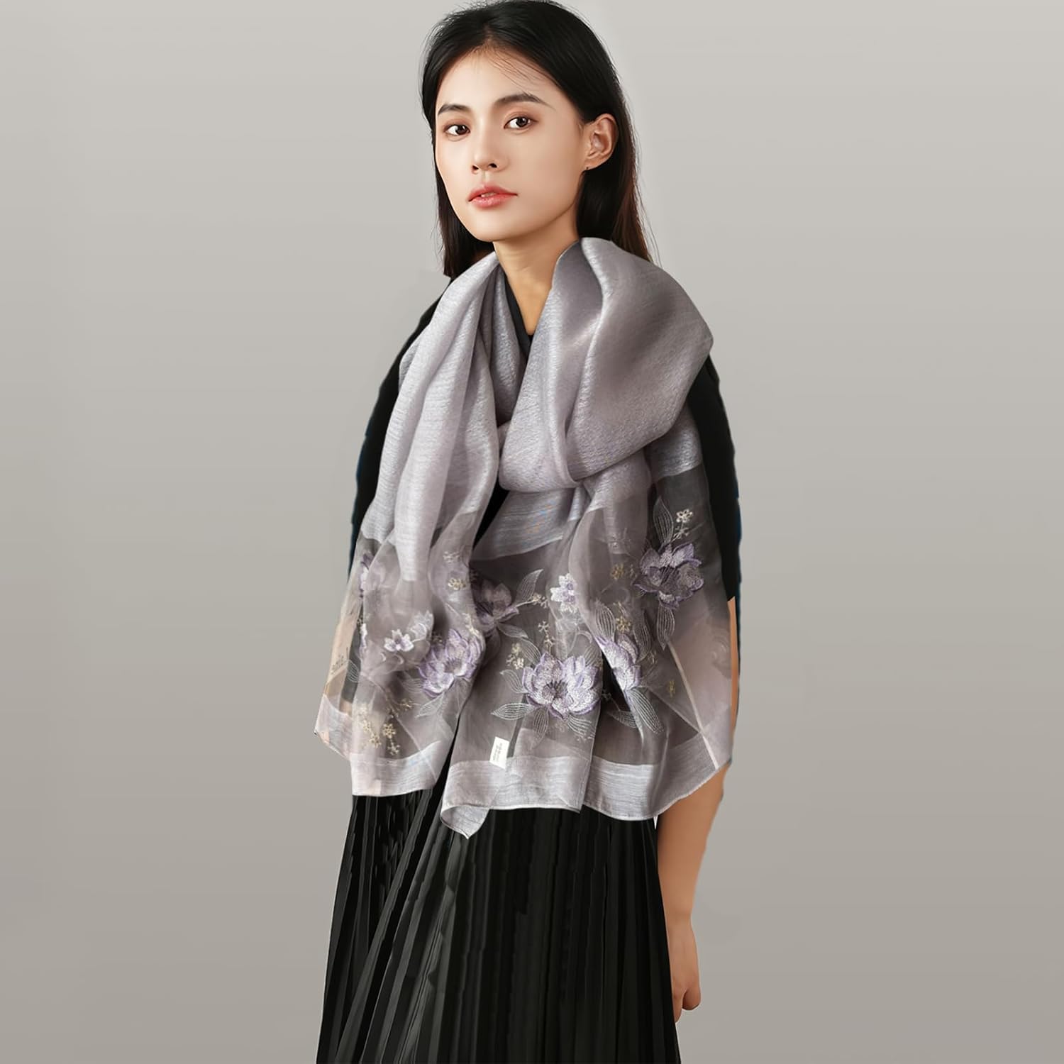 Silk Scarf - Chiffon Scarf With Rose Embroidery, Transparent Tulle, Lightweight Long Shawl Wrap For Spring Autumn - Image 2