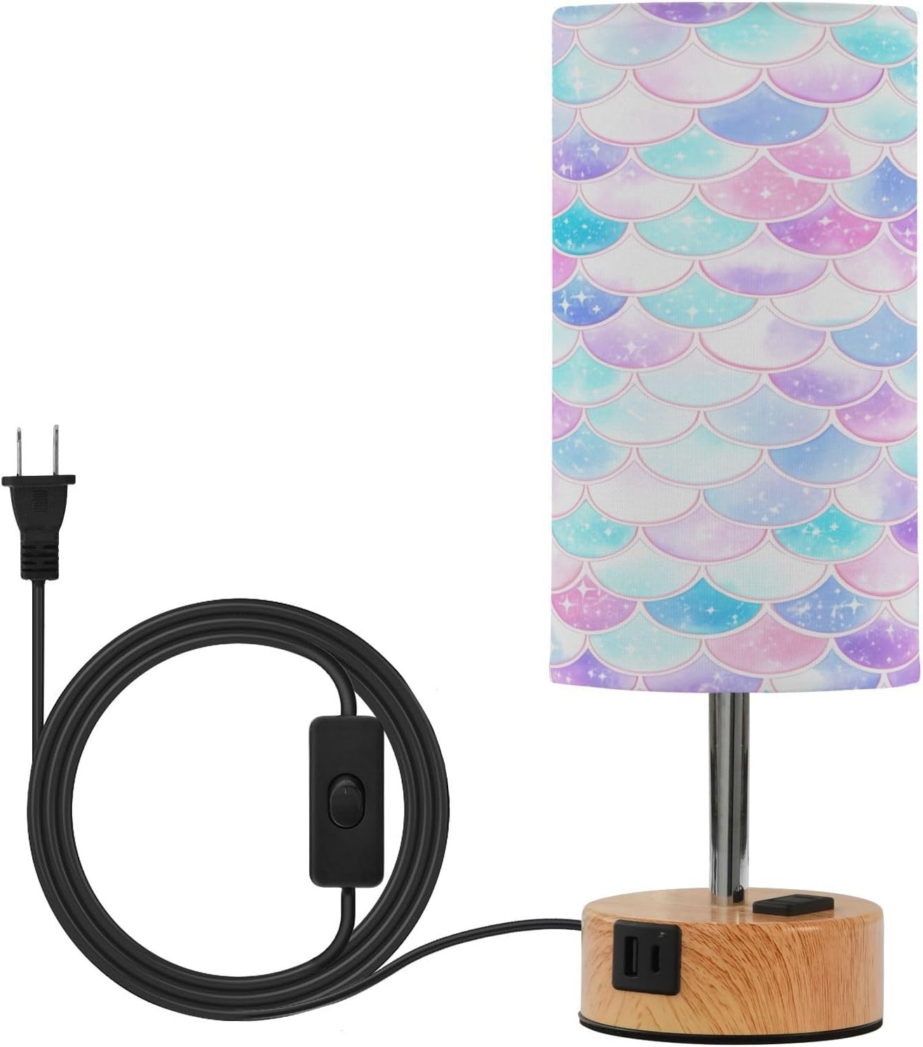 Beautiful Mermaid Scales Bedside Table Lamp with USB - 3 Way Dimmable Touch Lamp with with Wood Base, Charging Station, Fabric Shade for Bedroom Nightstand