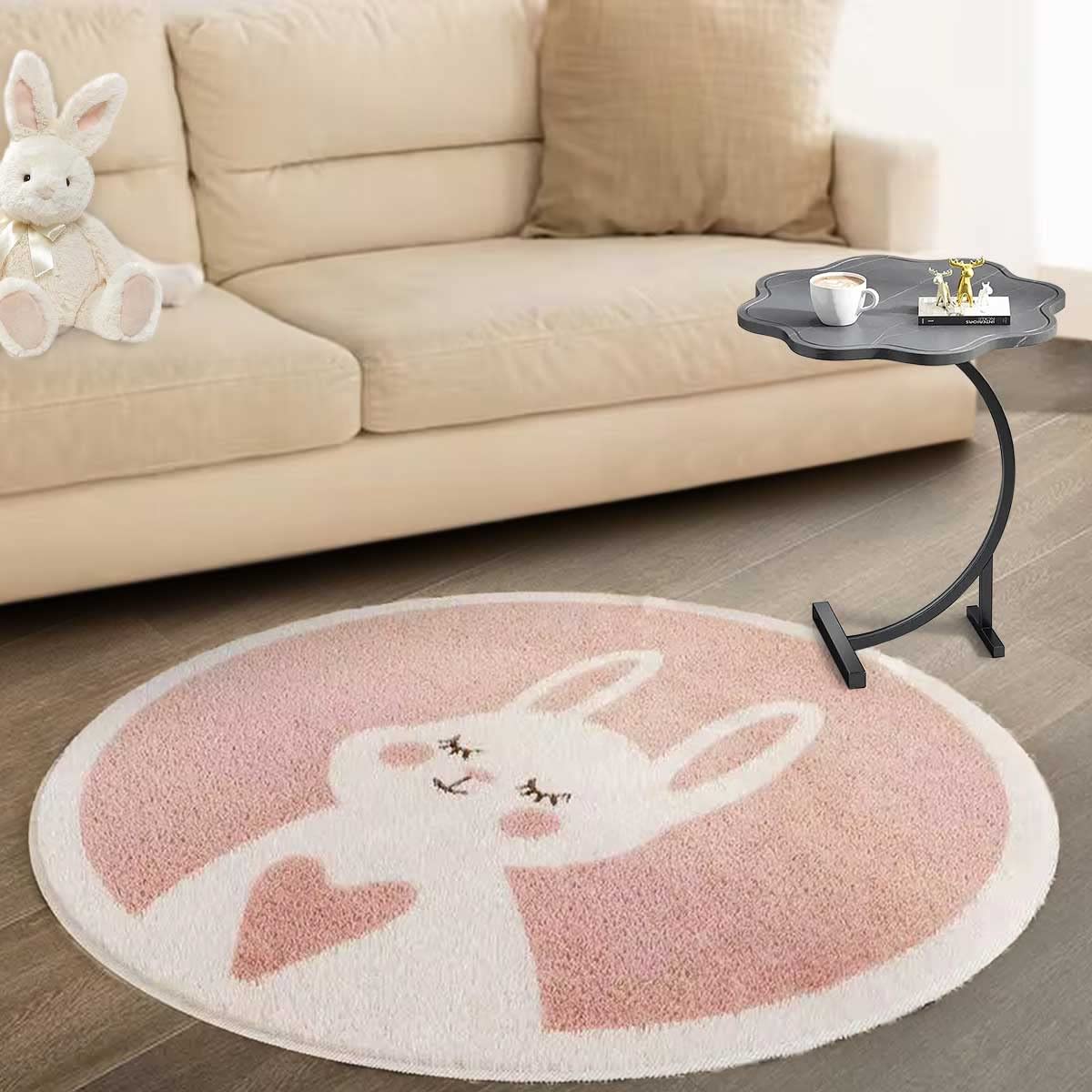 Kids Play Mat 4Ft, Animal Round Soft Plush Non-Slip Area Rug Kids Nursery Door Mat Childrens Carpet for Bedroom Living Room Kids Room Playroom Decor, Pink Rabbit