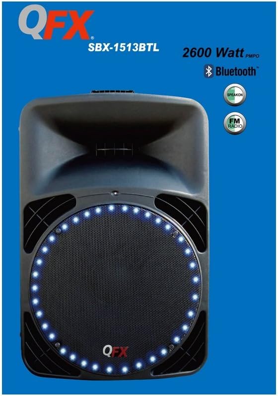 Close-up view of the control panel on the rear of the QFX SBX-1513BTL speaker.