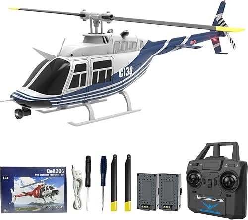 C138 Remote Control Helicopter, 1:33 Scale Bell206 Helicopter 2.4G 4CH RTF Single Propeller Aileron Free, Optical Flow Positioning, Six-axis Gyroscope Stabilization Gift for Adults (2 Battery)