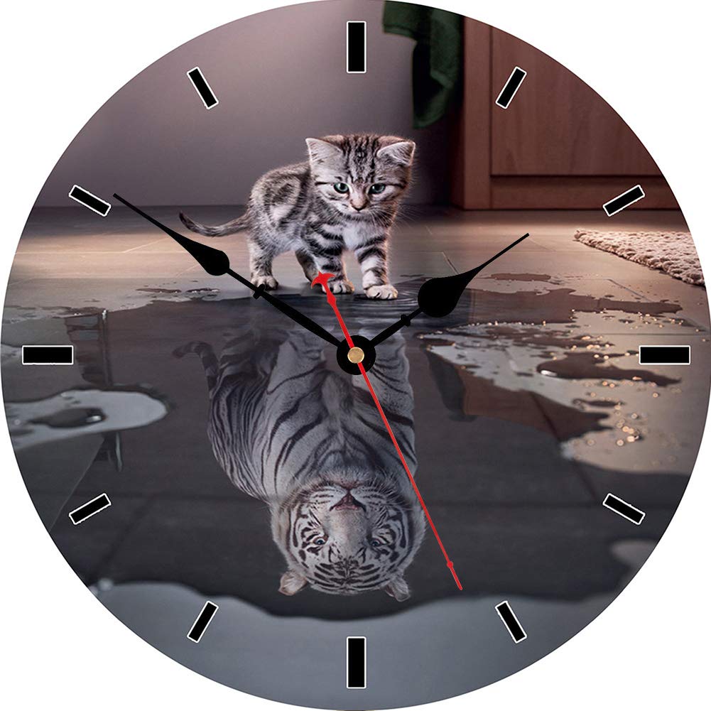 VIKMARI Wooden Wall Clock 20 cm Silent Quartz Wall Clock without Ticking Wall Clock Modern Design Kitchen Wall Clock for Home, Living Room, Bedroom, Office School, Cat and Tiger Model