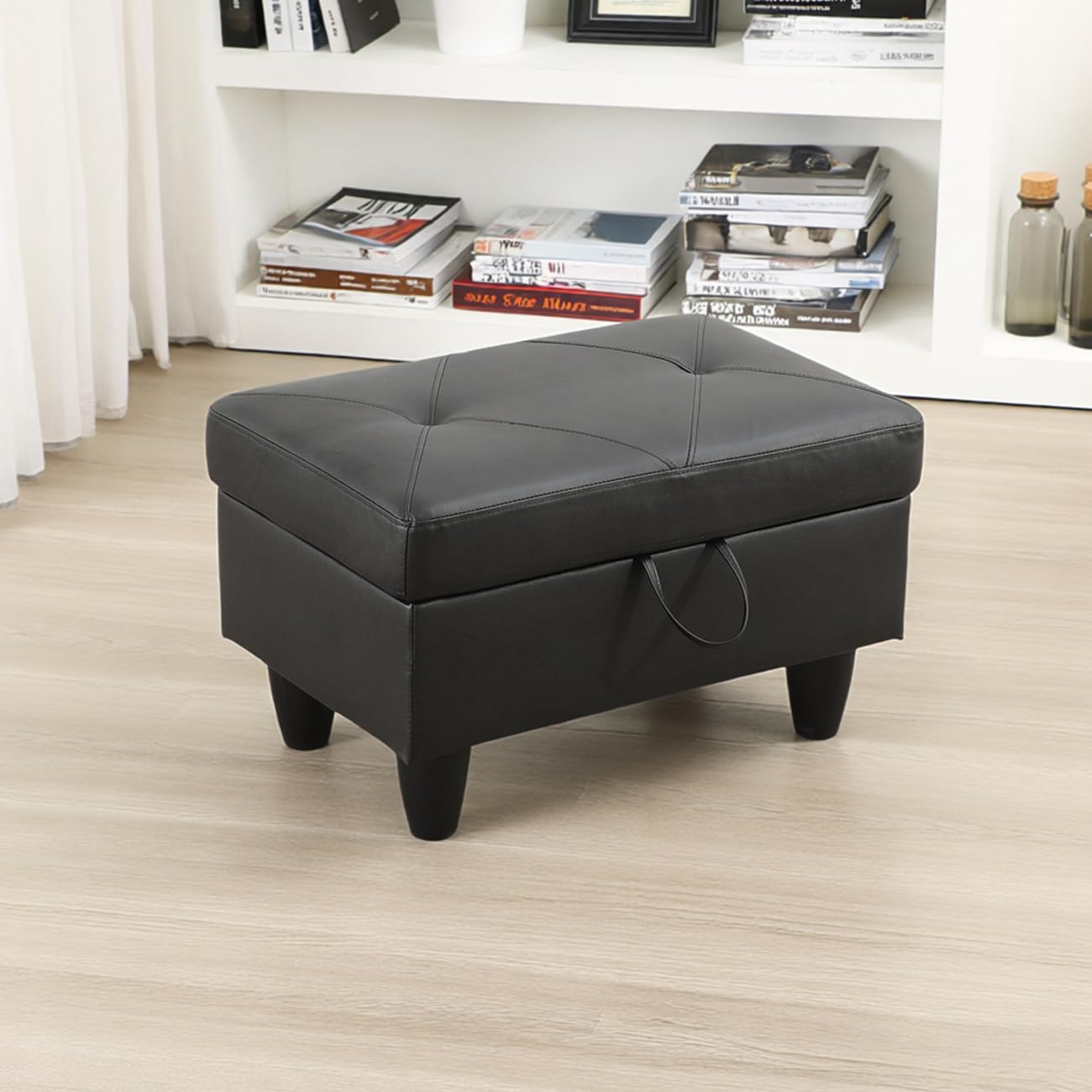 leather storage ottoman bench,28.5" large square ottoman with storage, foot rest footstool bench coffee table with thick cushion for home decor/entryway/living room/bedroom/rv car/loft,black