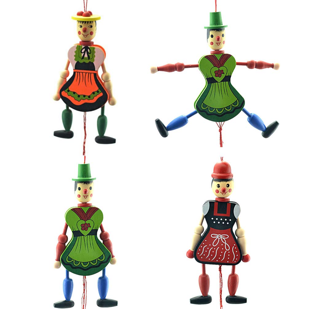 4pcs Funny Wooden Toy Ornament Hanging Decoration Marionette Pull String Puppet Doll Toys (Random Style)