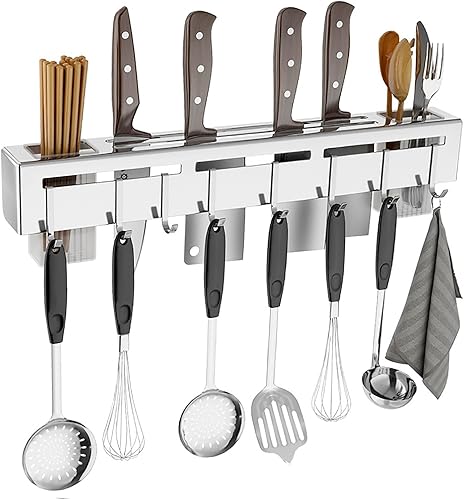 Portacuchillos, soporte para cuchillos de acero inoxidable con 8 ganchos, sin perforación, para cocina, palillos multifuncionales y soporte para