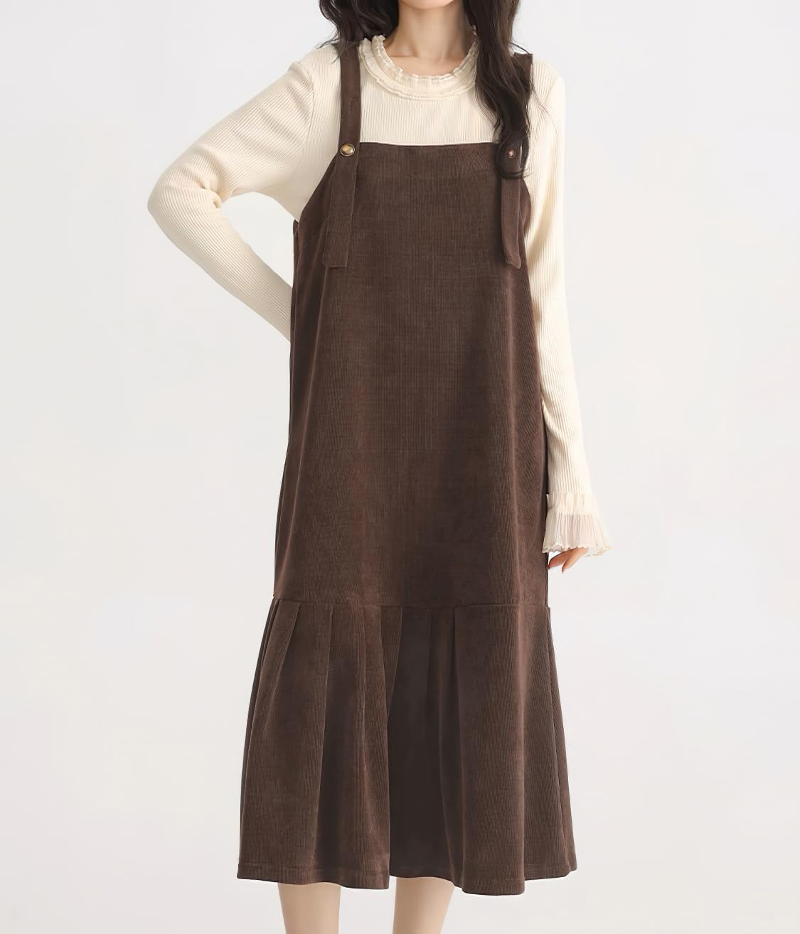 chouyatou Women's Cute Ruffle Corduroy Pinafore Overall Dress Pleated Flared Mid long Bib Jumper Dress - Image 4