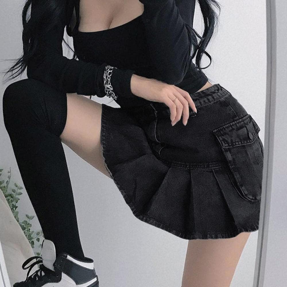 【Anyone more】Dezo Black Denim Pleated Skirt Anyone more (エニワンモア) - デゾブラックブルーデニム
