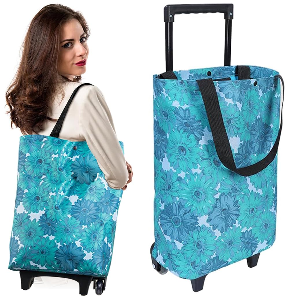 HASTHIP® Portable Shopping Cart with Wheels, Telescopic Handle & Shoulder Straps, Large Capacity Waterproof Grocery Trolley Bag, Foldable & Lightweight for Seniors, Market, Travel (Floral Print)