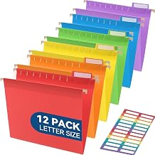 SortRax Plastic Hanging File Folders, Letter Size, Tear-Resistant, Vibrant | 12-Pack, Sturdy and Easy to Clean, for Filing Cabinets, with Insertable 1/5-Cut Tabs and Colorful Labels