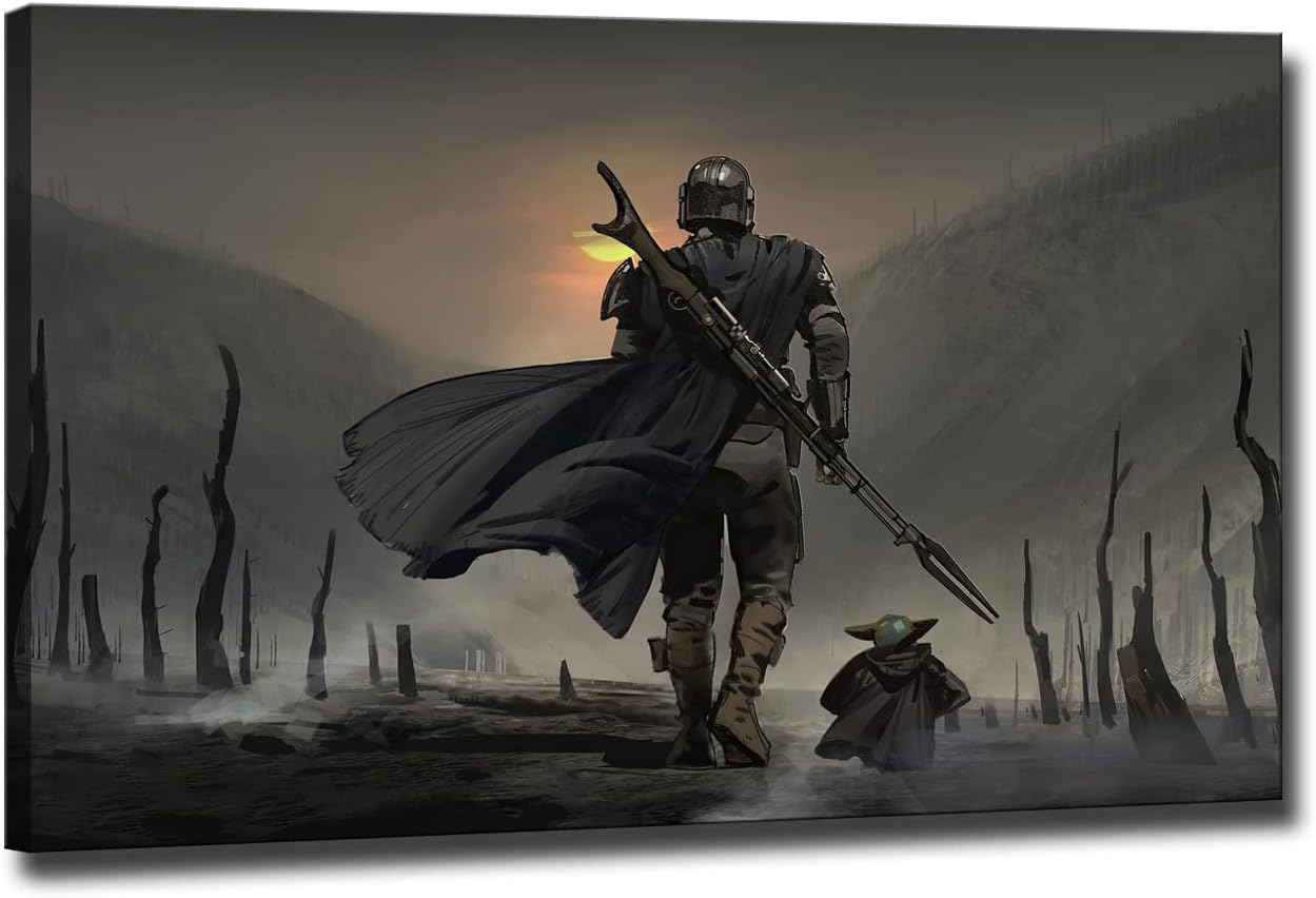 YASOJUN Cute Baby Yoda and Mandolarian Bounty Hunter Boba Fett Star Movie Printed on Canvas Wall Art, Mando Movie Poster Modern Gift Decoration for Living Room Bedroom