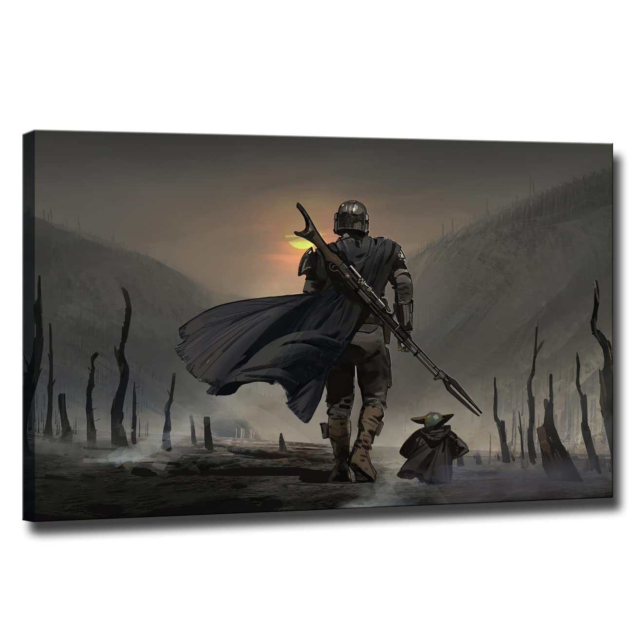 YASOJUN Cute Baby Yoda and Mandolarian Bounty Hunter Boba Fett Star Movie Printed on Canvas Wall Art, Mando Movie Poster Modern Gift Decoration for Living Room Bedroom