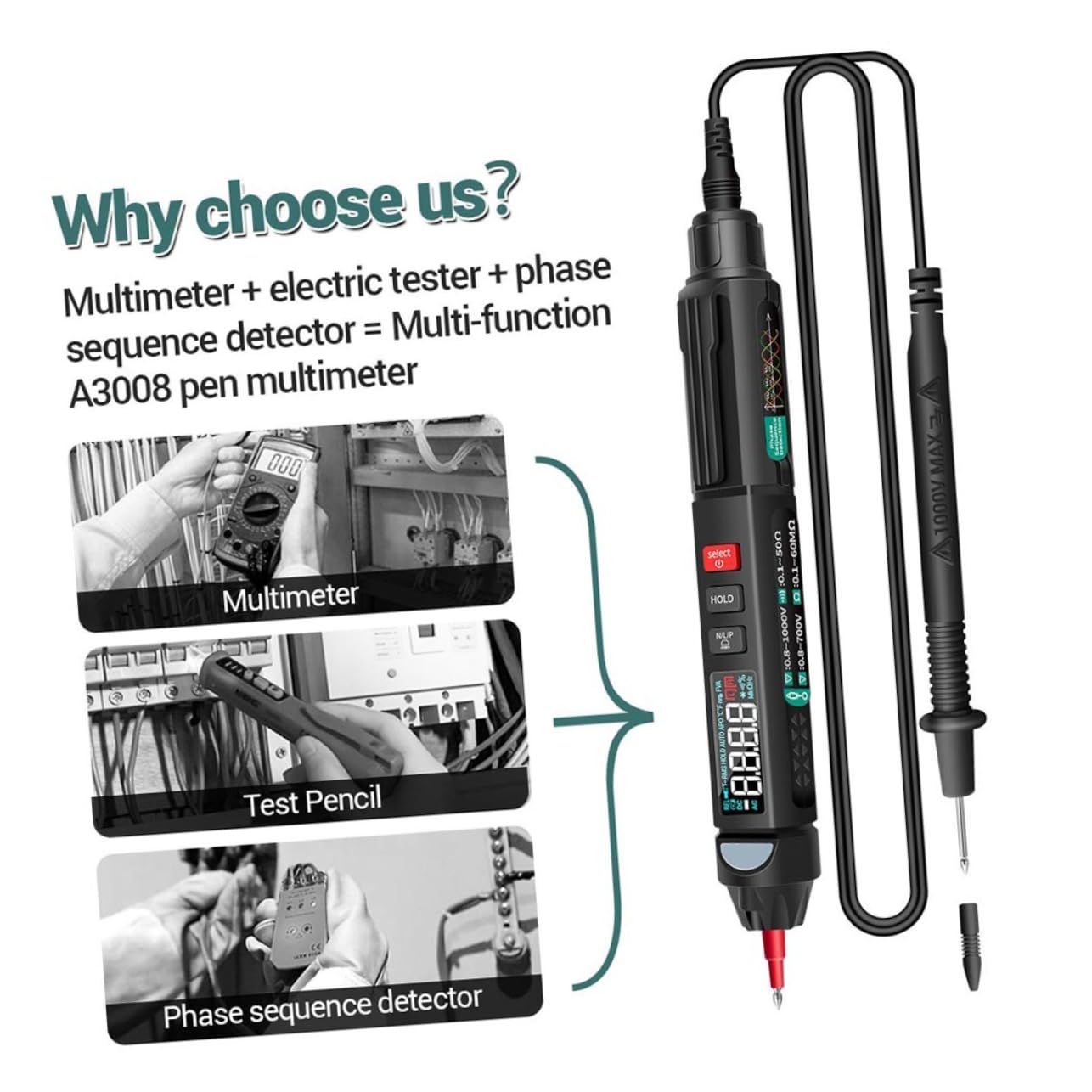 Tester di Tensione Digitale Smart A3008, Penna Multimetro